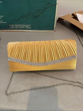 Gold Satin Evening Clutch with Crystal Band